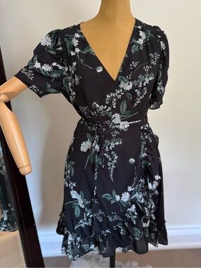 NWT SUGARLIPS Black Floral Wrap Mini Dress (S)